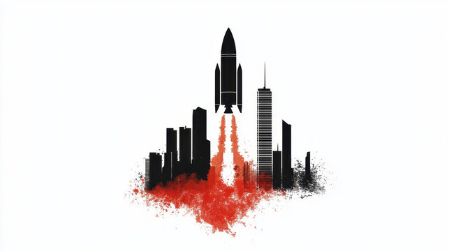 Rocket launching over city skyline, with vibrant red smoke and modern urban backdrop, symbolizes innovation and progress