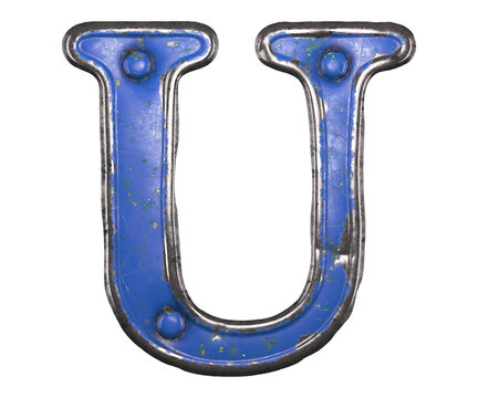 Blue scratched metal letter U with rivets