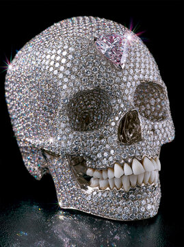 provocative sculpture of a human skull completely encrusted with diamonds