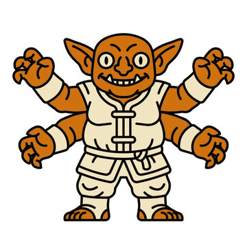 Cartoon Goblin with Multiple Arms Wearing Martial Arts Outfit.