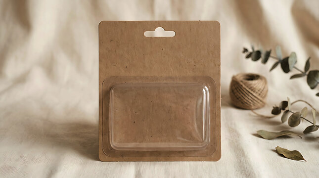 Empty brown cardboard blister pack for retail product display on fabric cloth