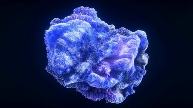 Rotating and slowly pulsating 3D organic cell-like structure with blue and purple hues on a dark background. Futuristic backdrop inspired by cellular biology and microscopic anatomy.