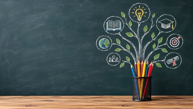 Creative learning and educational growth concept with chalk tree drawing academic icons and colored pencils