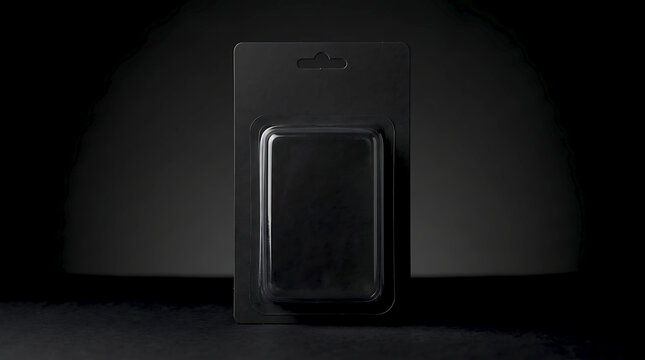 Black blister pack packaging template for retail product display on dark surface