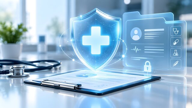 Healthcare data security and patient privacy concept with medical cross shield and digital health record interface