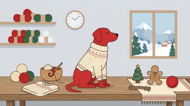 red dog wearing sweater looking out window at snowy landscape dog sweater window snow mountain tree
