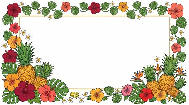 Tropical Floral Border Frame with Hibiscus Flowers Pineapples and Monstera Leaves Photo - tropical border, floral frame, hibiscus flowers, pineapples, monstera leaves, plumeria flowers, tropical