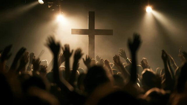 Worship gathering with people raising hands during a religious event focused on Jesus Christ