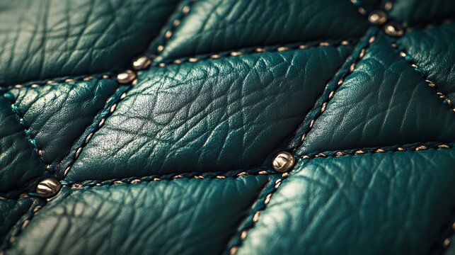 Luxurious teal leather texture showcasing intricate stitching details, a pattern reminiscent of quilted elegance, creating a rich visual