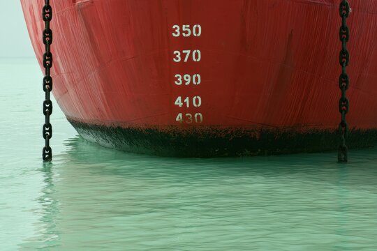 The bow of a large red cargo ship displays draft marks above the calm sea water.