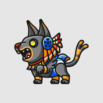 Cute Ancient Egyptian Jackal-Headed Guardian Character Wearing Traditional Royal Attire, Holding a Staff, Mythical Illustration Inspired by Ancient Egyptian Art and History
