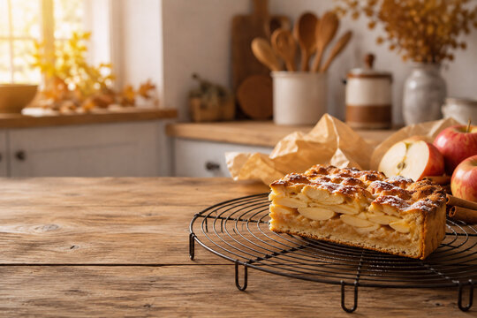 Apfelkuchen mit frischen &Auml;pfeln und Zimt in gem&uuml;tlicher Herbstk&uuml;che