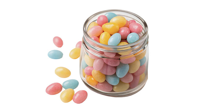 Glass jar filled with colorful jelly beans isolated on transparent background