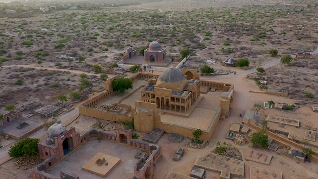 Aerial View of Ancient Stone Mausoleum Fort at Makli Necropolis Thatta Sindh
