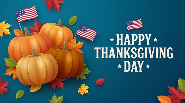 Festive Thanksgiving Celebration with Pumpkins, American Flags, and Autumn Leaves against a Blue Background Wishing a Happy Thanksgiving Day