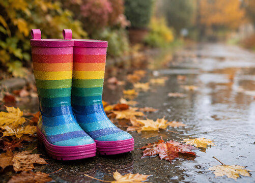 Bunte Regenbogen-Gummistiefel im Herbstregen zwischen nassem Laub und Pf&uuml;tzen