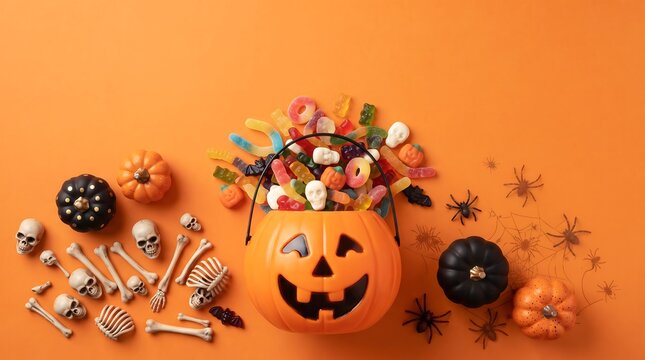 Halloween candy bucket photo with spooky pumpkins and skeleton bones on orange background
