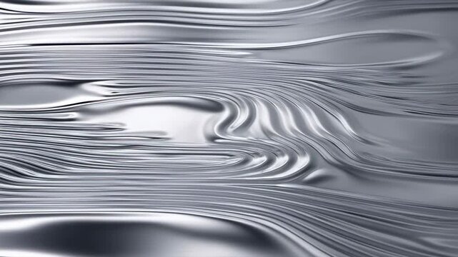 Flowing metallic liquid surface with smooth ripple waves undulating horizontally in silver and gray tones. Futuristic backdrop inspired by fluid dynamics and material flow.