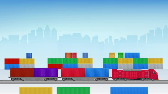 Cargo Freight Train Carrying Multi-Colored Shipping Containers in Industrial Port Terminal Vector Animation