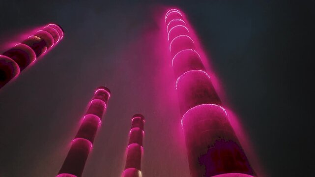 China. September 10, 2025.Futuristic neon bamboo fountains at night in Chengdu SKP, modern urban architecture light installation.
