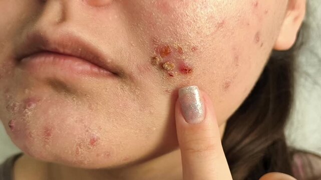Woman attempting to remove a pus-filled acne lesion from her face, symbolizing problematic skin, facial inflammation, acne symptoms and skincare concerns.
