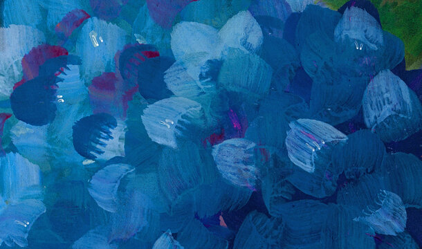 Hand-painted acrylic textured background of dense hydrangeas in blue, indigo, and deep twilight tones for floral designs, fine art prints, creative covers, and background references