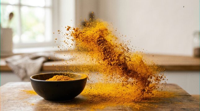 Turmeric powder explosion from bowl on wooden table, spice photography with powder flying in air.