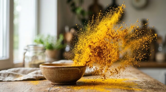 Yellow turmeric powder splashing from bowl on wood table, spice photography with cloud of powder.