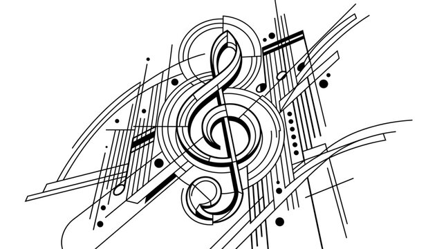 Abstract Geometric Treble Clef Musical Composition with Minimalist Black Line Art, Musical Notes, Circles and Dynamic Diagonal Lines on White Background for Creative Sound Design and Art