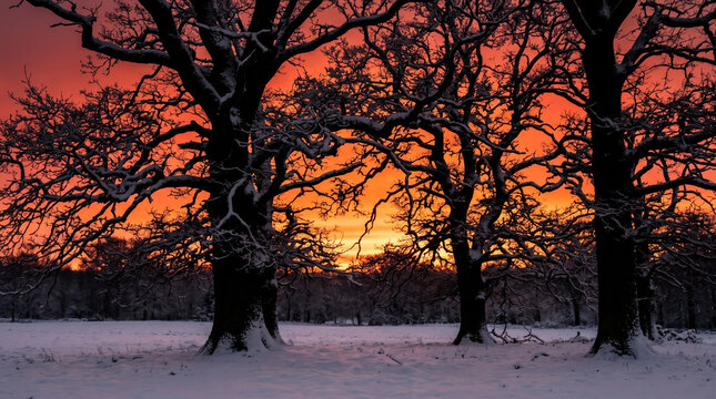 Snow-covered trees silhouetted against a vibrant winter sunset  