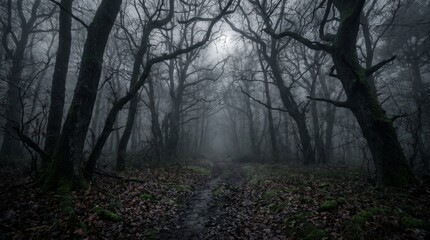 Eerie mist in a dark forest at night with scary barren trees and a path covered in dead leaves © Adnan
