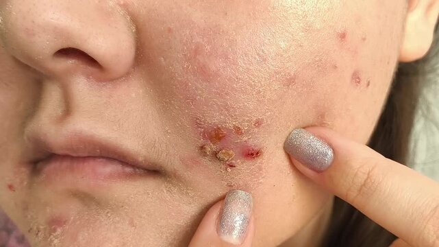 Young woman squeezing an inflamed pus-filled pimple on her face, illustrating acne, problematic skin, breakouts and dermatological concerns.