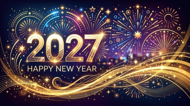 2027 Happy New Year celebration background featuring vibrant glowing fireworks and golden light trai