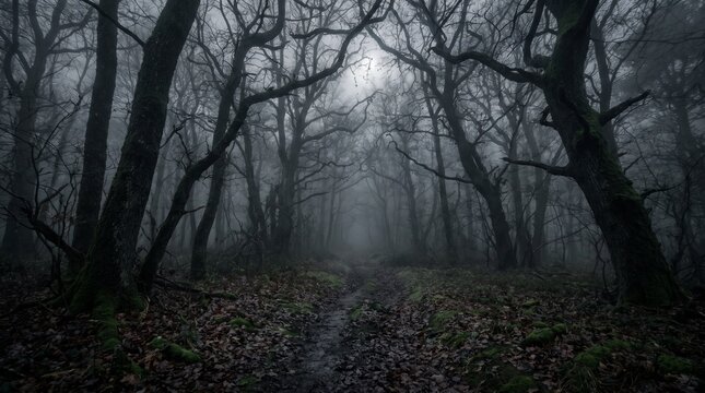 Eerie mist in a dark forest at night with scary barren trees and a path covered in dead leaves