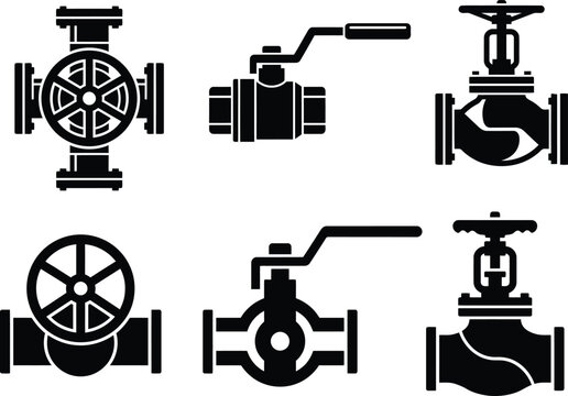 Pipeline valve types icons set. Wheel-handle valve, lever ball valve, and gate valve with handwheel, in solid black silhouette.