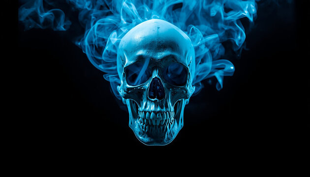 Gothic blue flaming skull on black background, cinematic human skull with ethereal smoke, mystical glowing skeleton head for halloween and horror concepts
