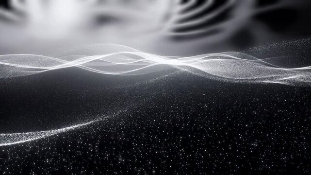 White flowing wave lines and drifting particles move horizontally over a dark background. Waves undulate smoothly while particles drift and shimmer, creating a fluid digital abstraction.