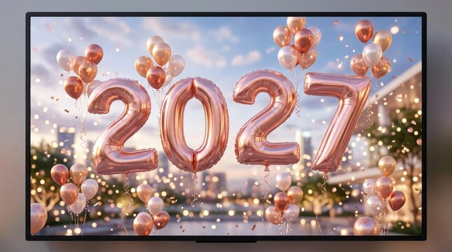 Large screen television displaying festive 2027 rose gold foil balloons for a new year celebration v
