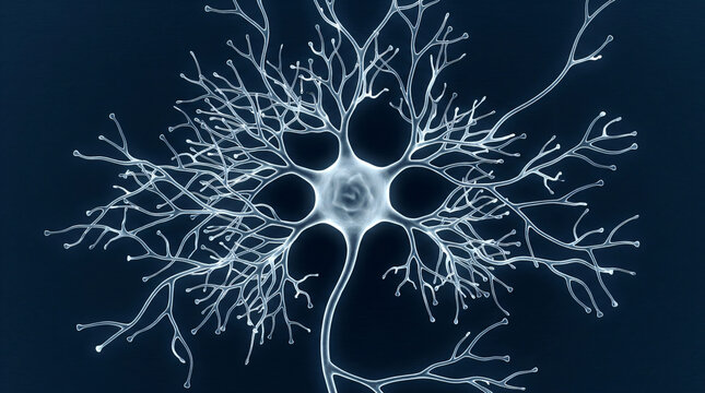 Microscopic view of a single human neuron cell | Brain nerve cell anatomy with dendritic branching | Neural network connectivity and synapse structure | Scientific illustration of a neuron on dark bac