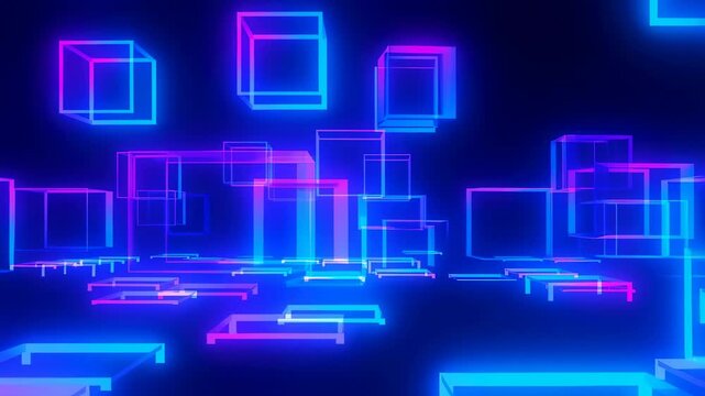 Neon blue and pink wireframe cubes float above a glowing horizontal grid on a dark background. Futuristic backdrop inspired by digital space and design.