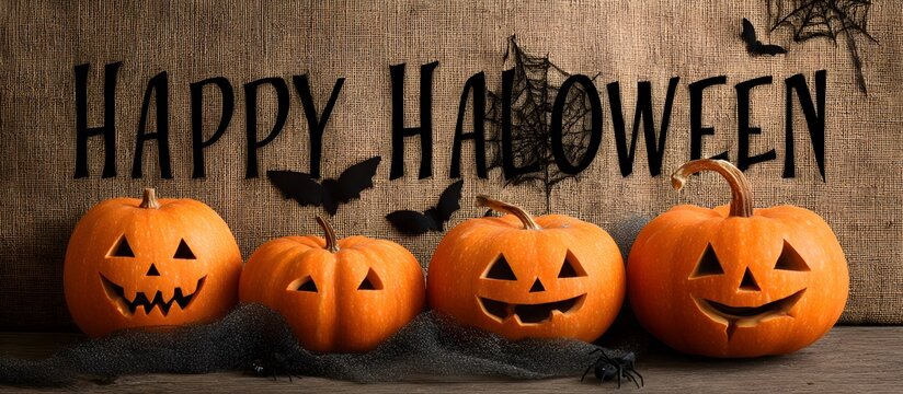 Pumpkins with bats and Halloween text on an orange background.