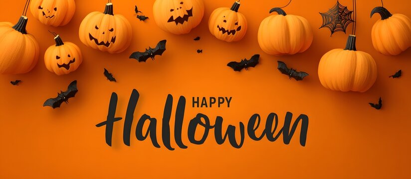 Pumpkins with bats and Halloween text on an orange background.