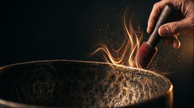 Tibetan Singing Bowl with Golden Sound Waves for Meditation Therapy