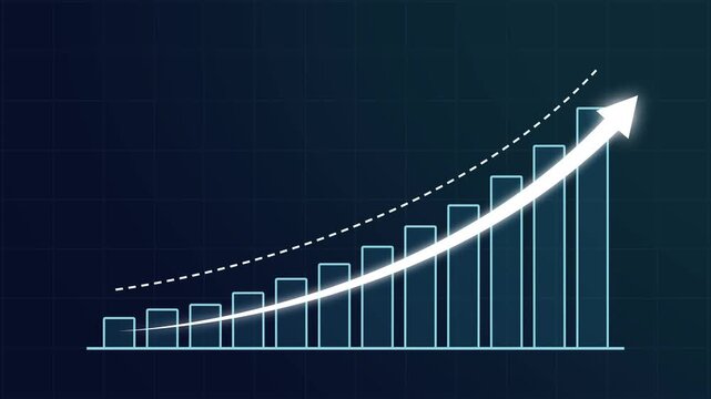 Digital business bar chart animation with steadily rising arrow and dotted trend line. Illustrating strong revenue growth, motion graphics of business concept