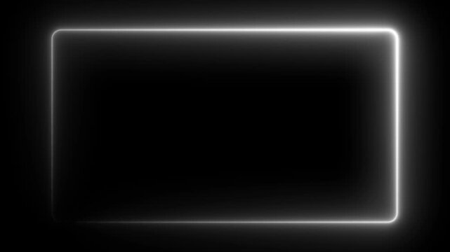 Glowing white neon rounded rectangle frame border animation loop isolated on black background