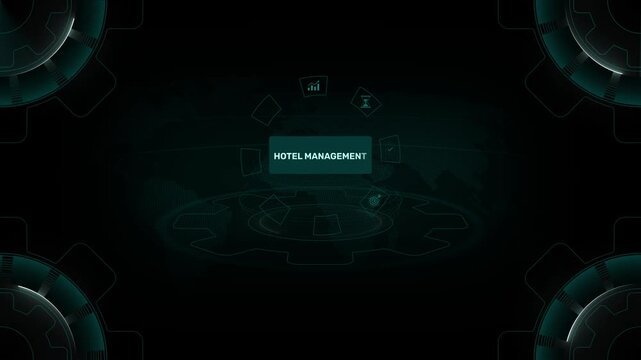 Hotel management hospitality operations and resort booking concept on digital gear HUD background loop