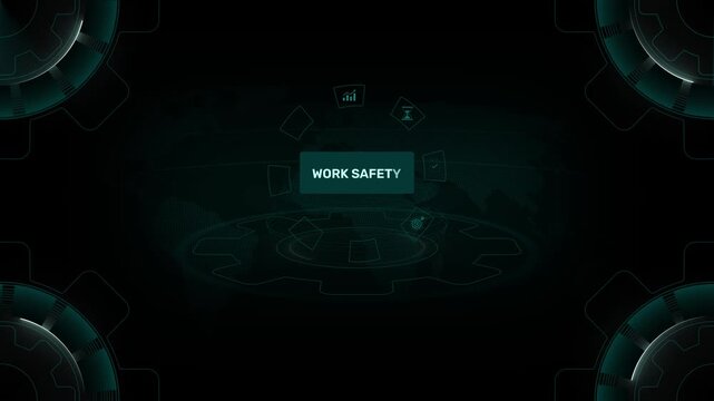 Work safety and occupational health compliance concept on digital gear HUD interface background loop