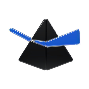 A black pyramid shape with two blue triangular wings extending from the sides, rendered as a3d with smooth surfaces isolated on a white background