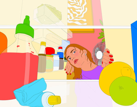 Sweating young woman cooling off in open refrigerator doorway