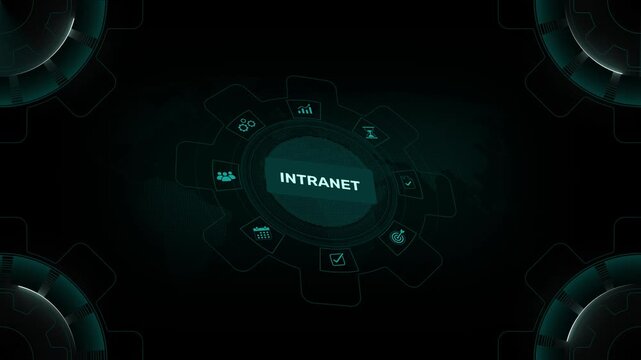 Intranet corporate private network and internal portal concept on isometric digital gear HUD background loop